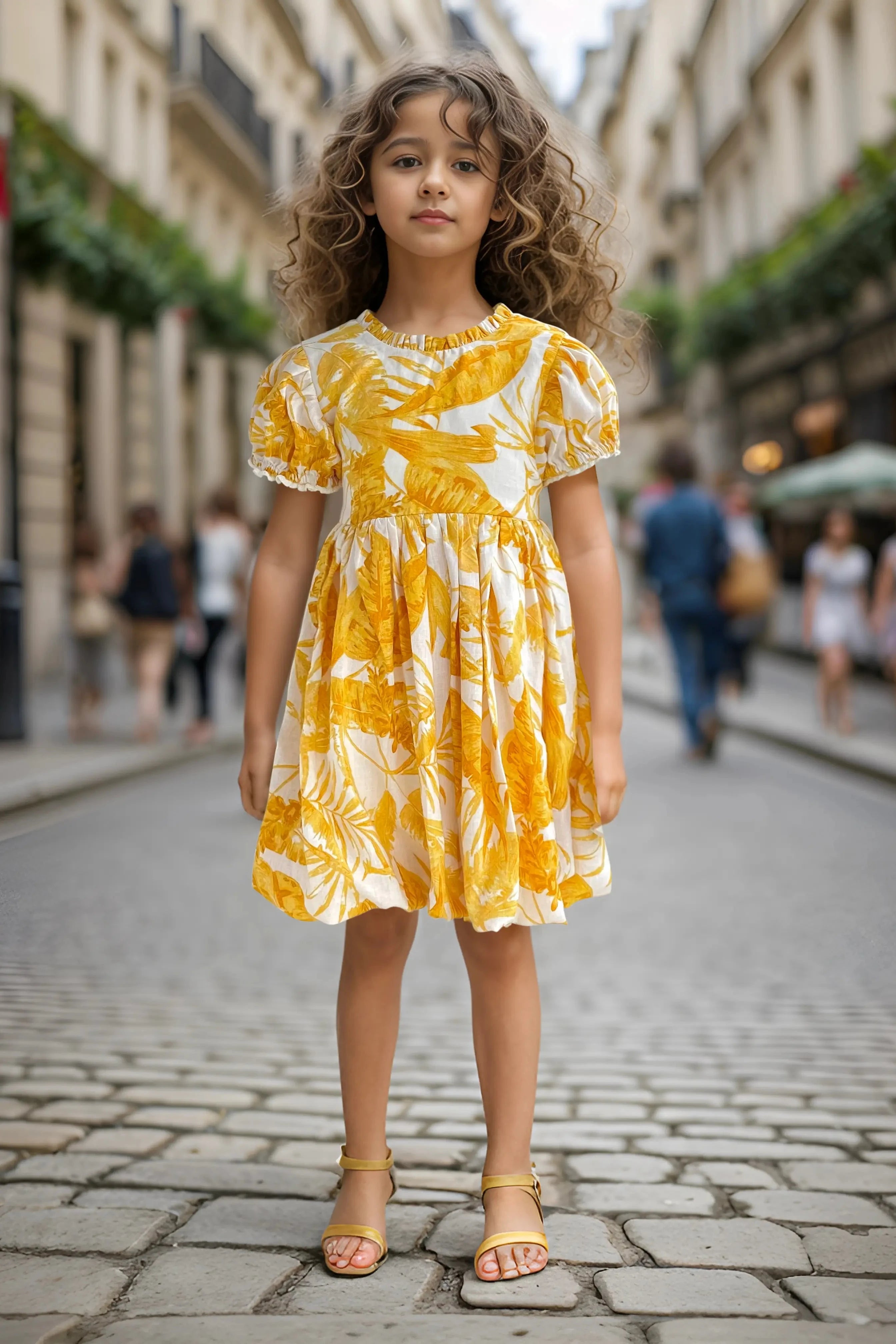 Full front view of a yellow floral printed balloon dress for girls, made of cotton.