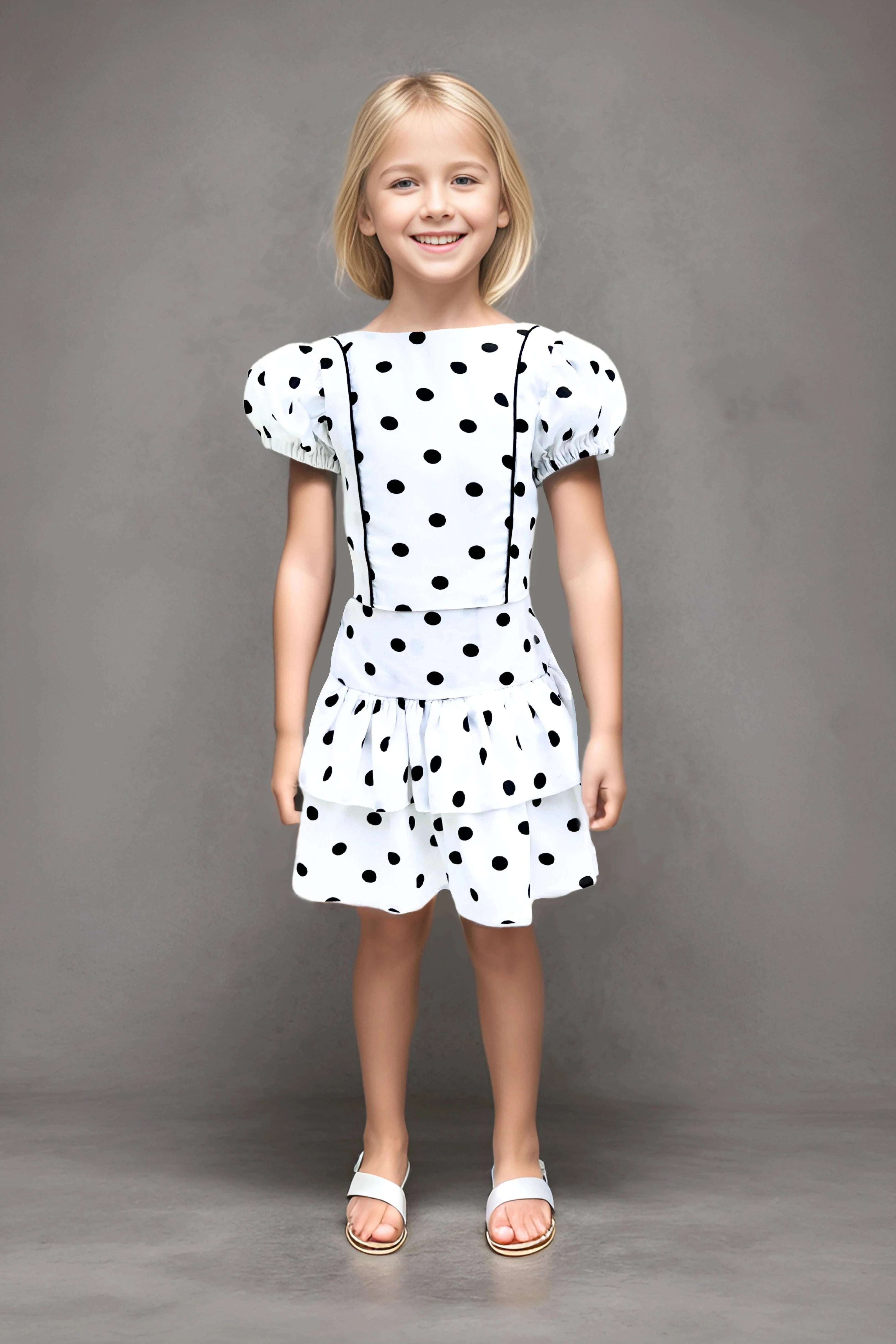 Full front view of a White Polka Dot Top and Skirt Set for Girls.