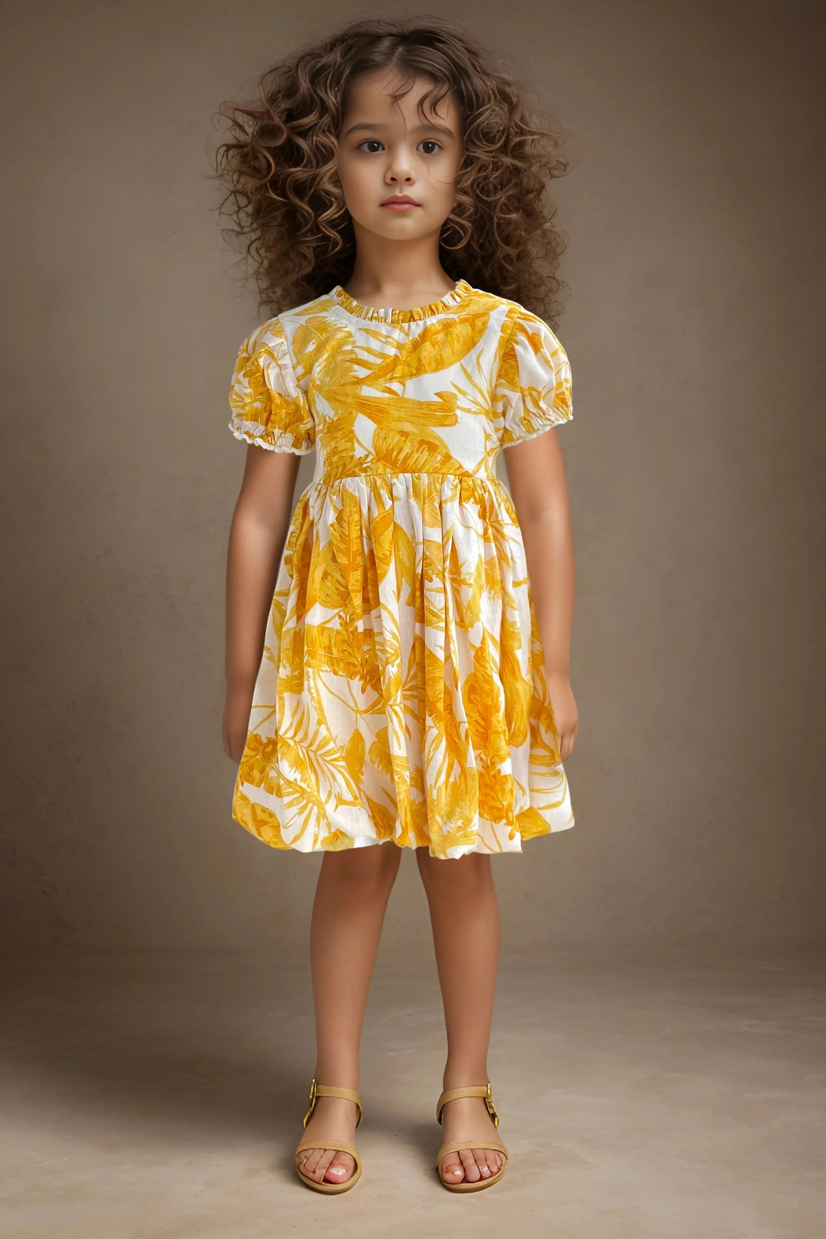 Full front view of a yellow floral printed balloon dress for girls, made of cotton.