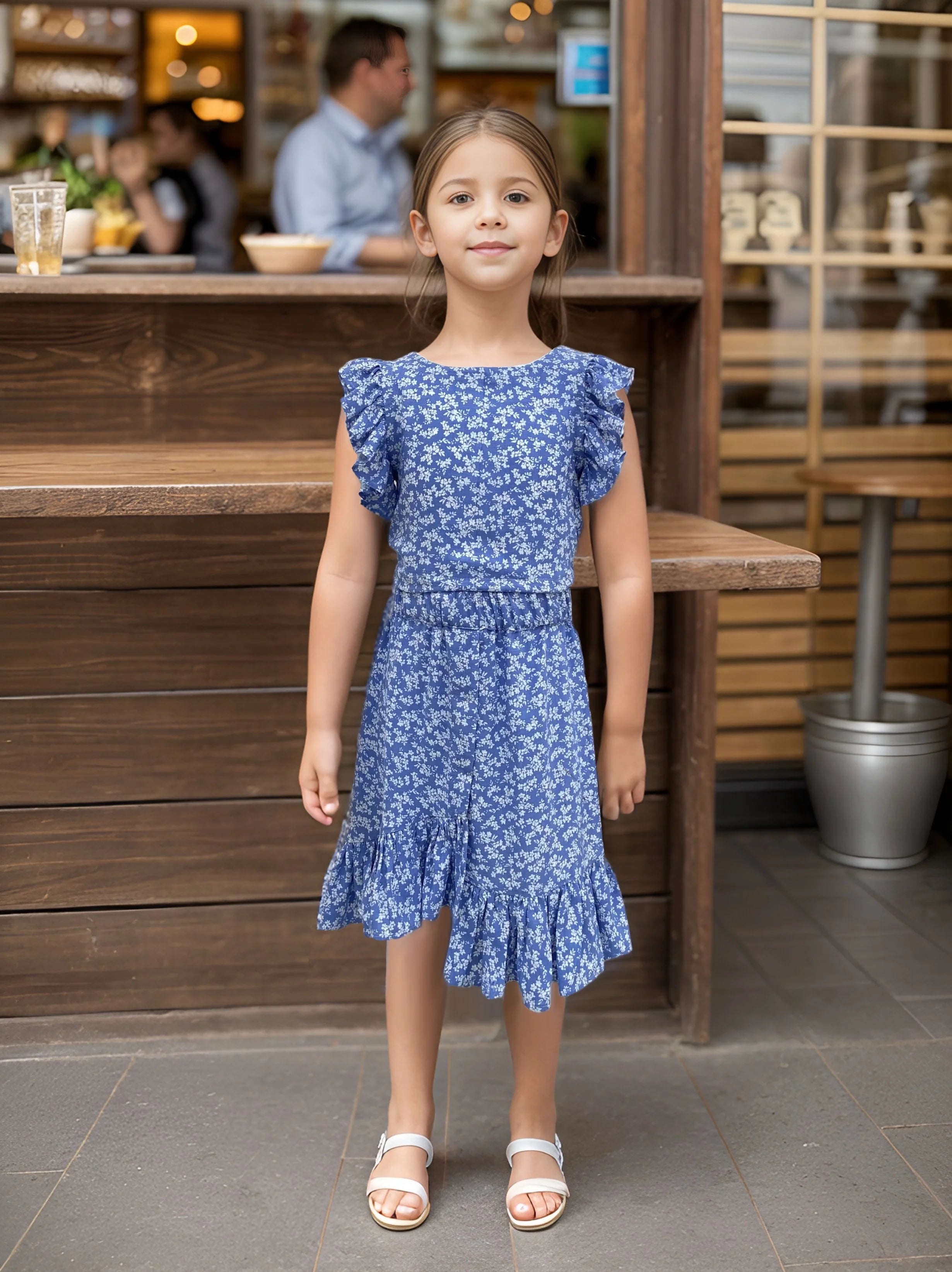 Girls Blue Floral Print Skirt and Top