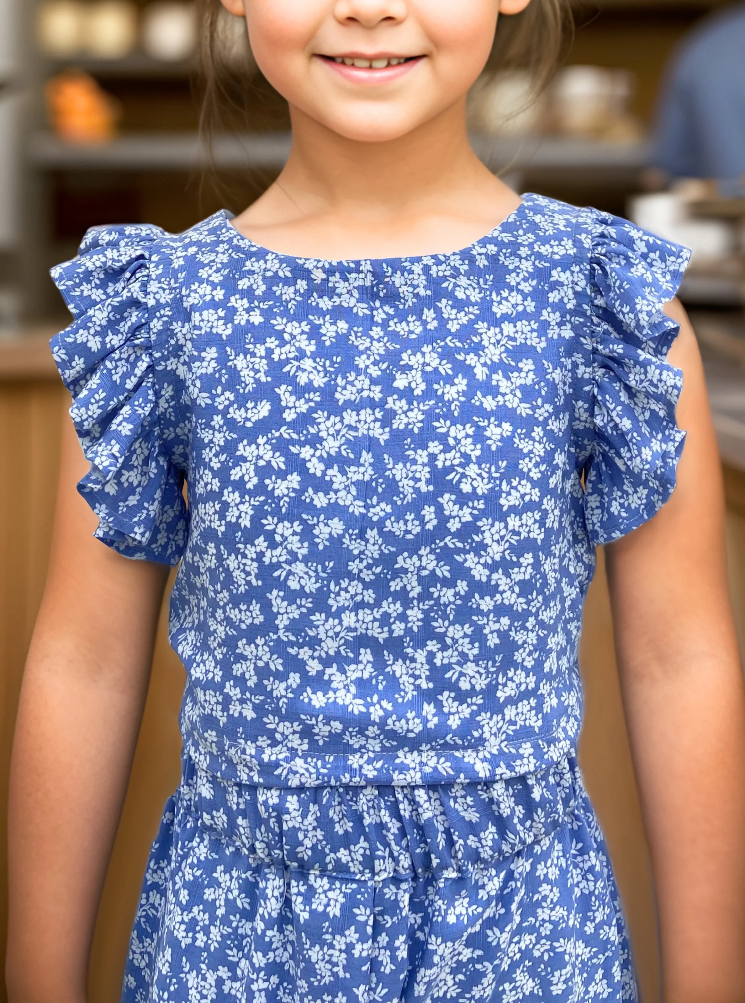 Girls Blue Floral Print Skirt and Top