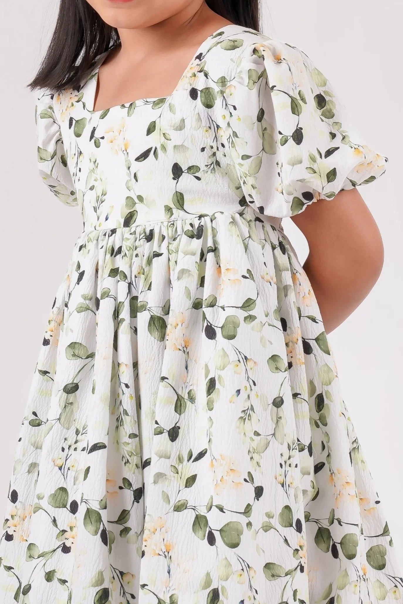 White Green Floral Printed Cotton Summer Dress for Girls