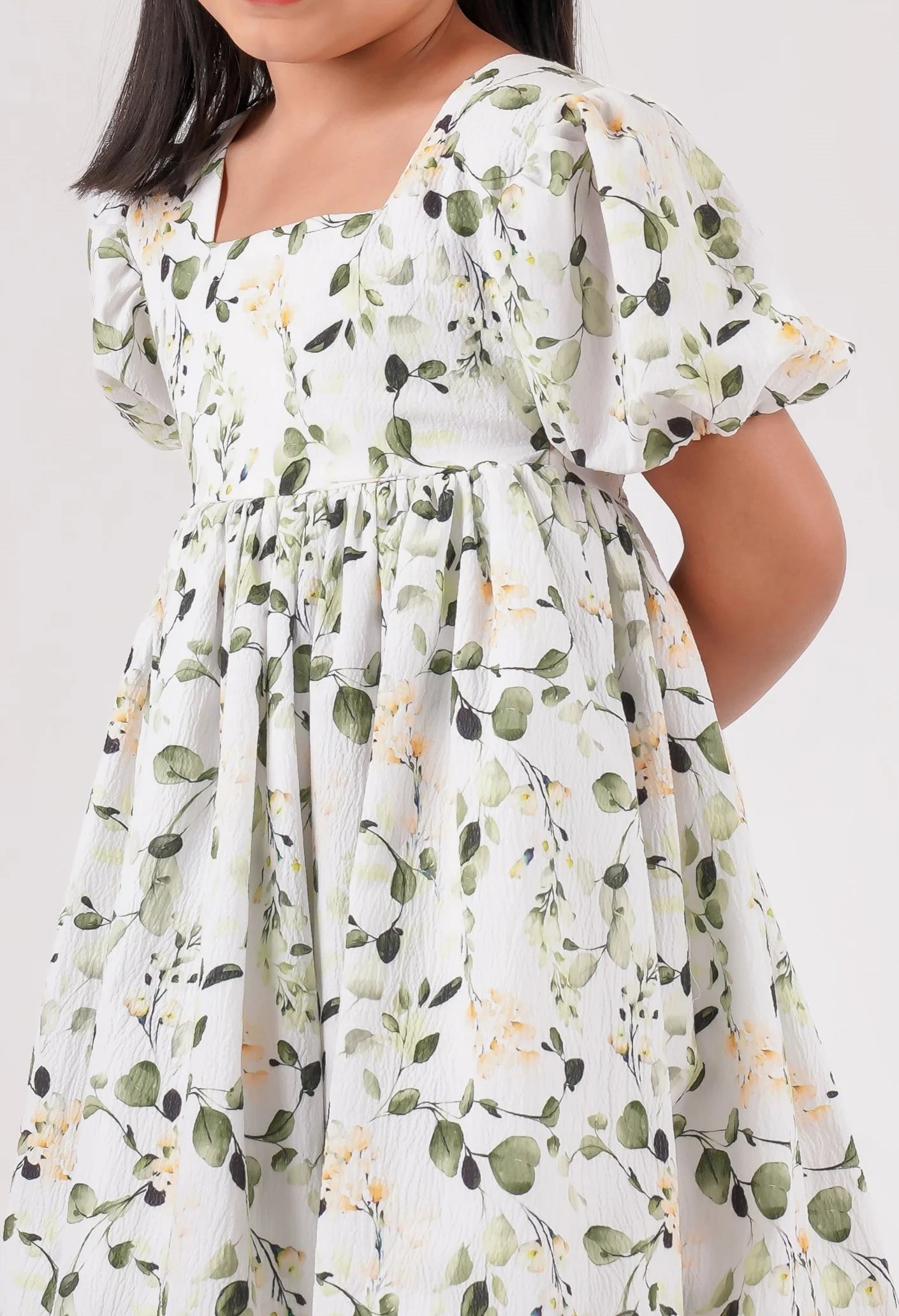 White Green Floral Printed Cotton Summer Dress for Girls