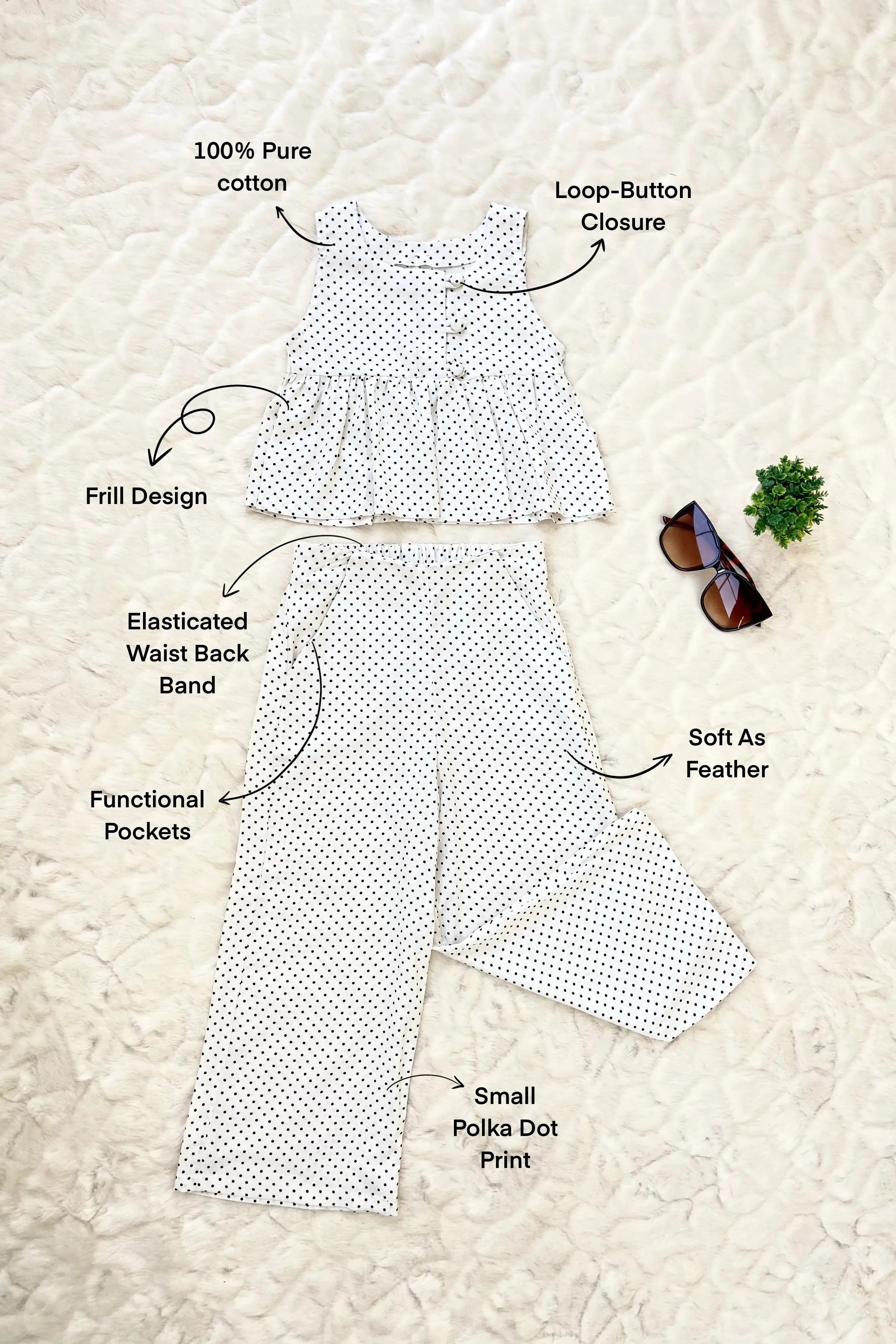 Flat image of a polka Dot Flared Top and Pants Set for Girls.