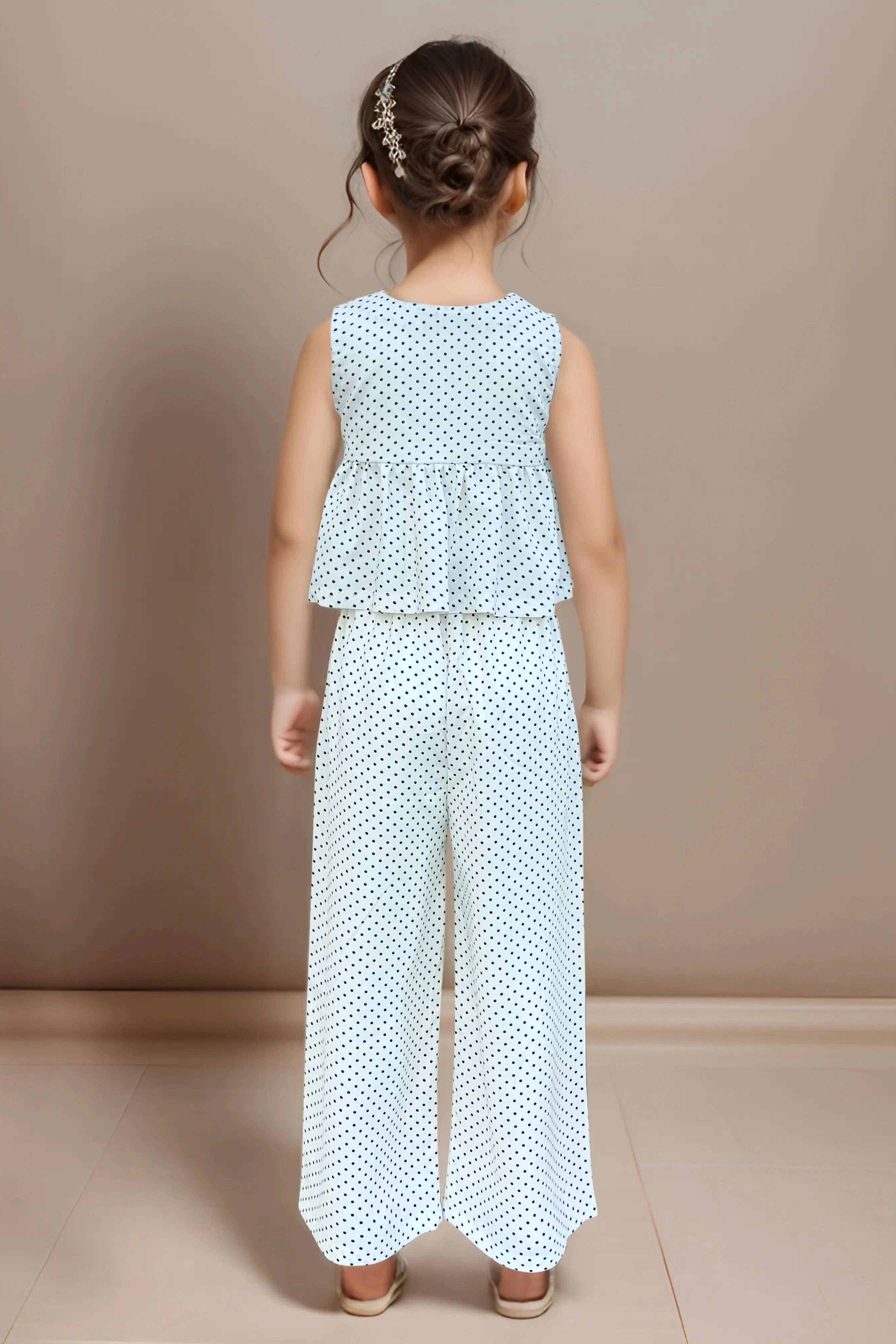 Full back of a polka Dot Flared Top and Pants Set for Girls.