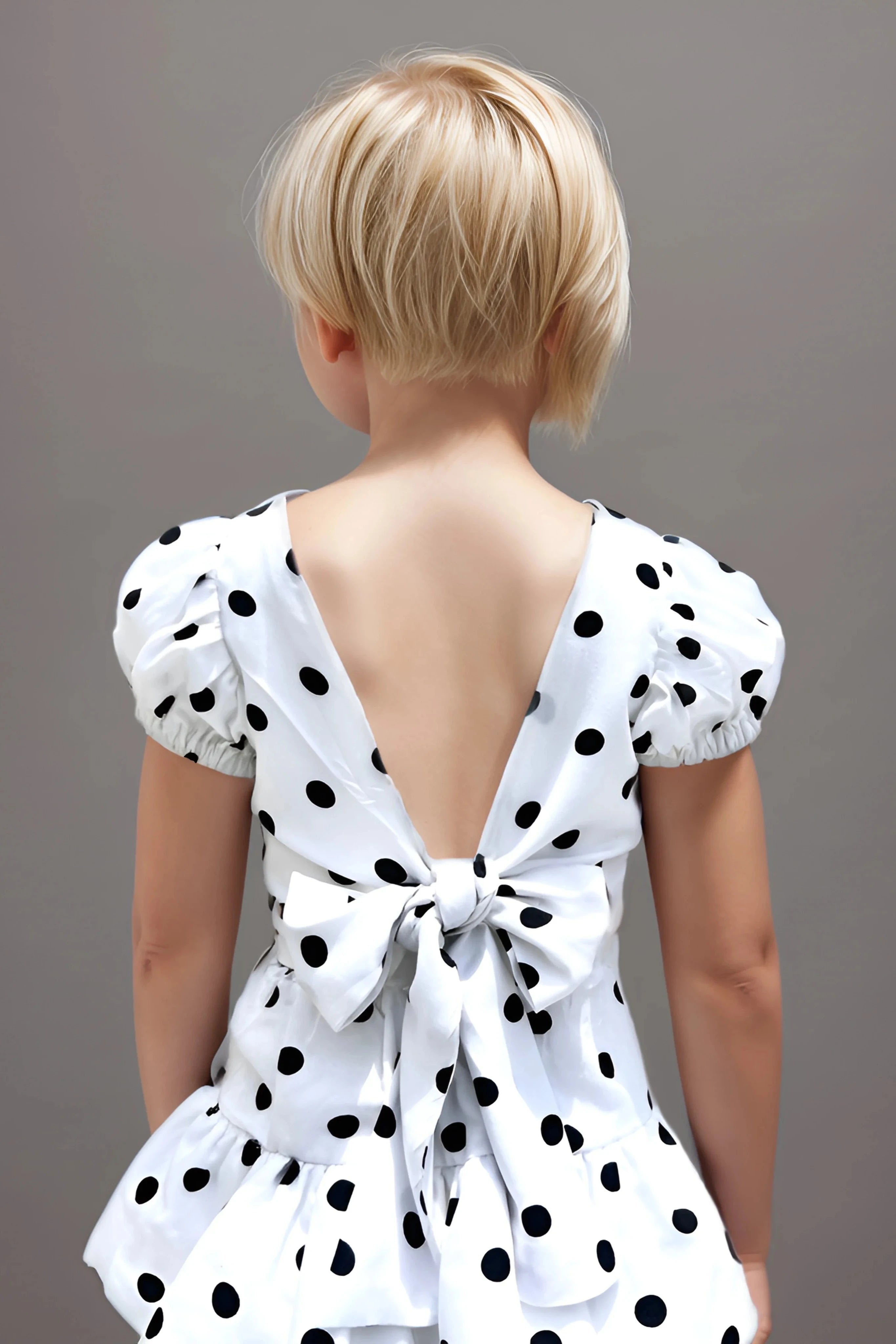 Back close up view of a White Polka Dot Top and Skirt Set for Girls.