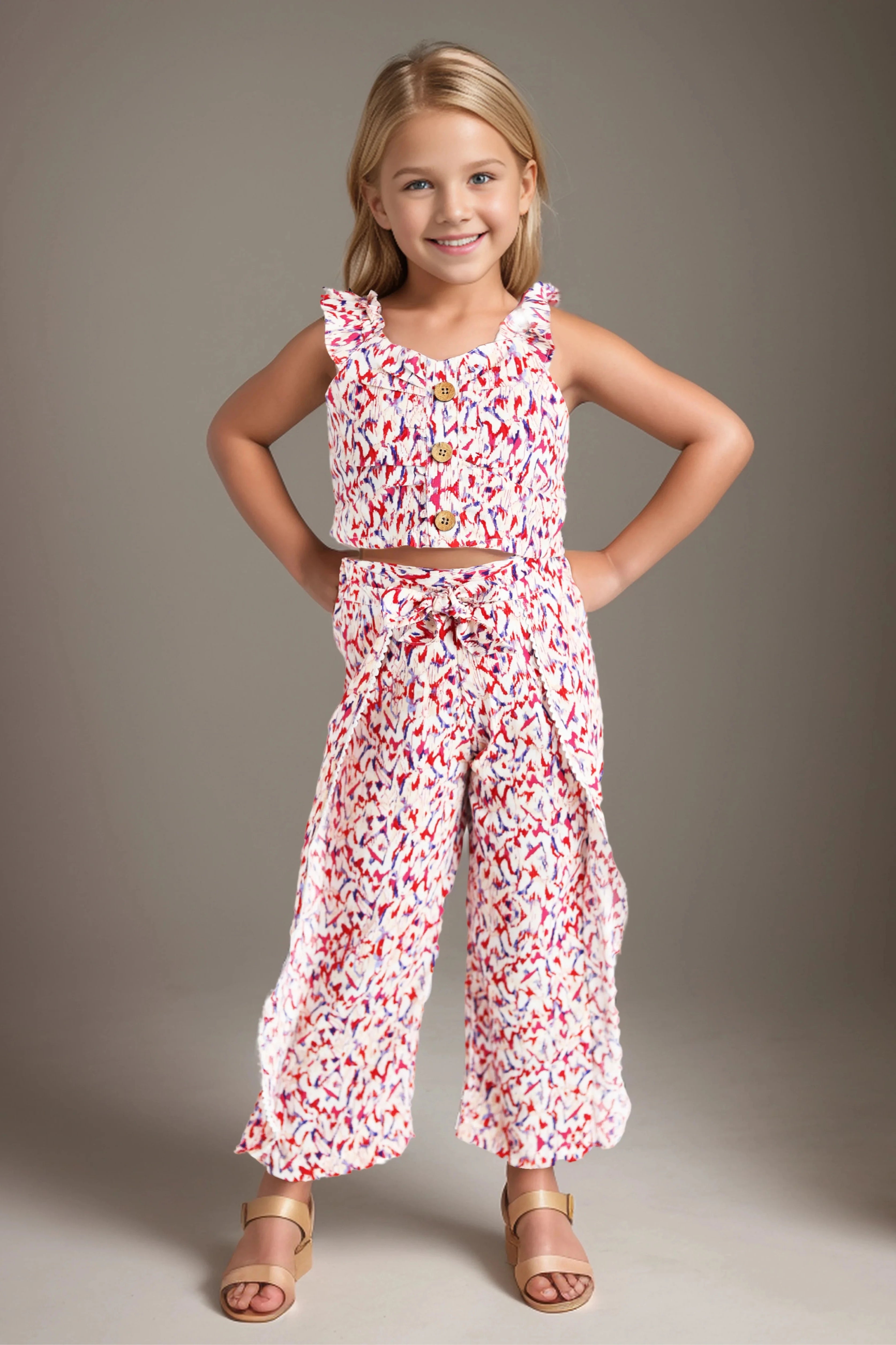 Front view of a Girls Palazzo Wrap Pants with Top.