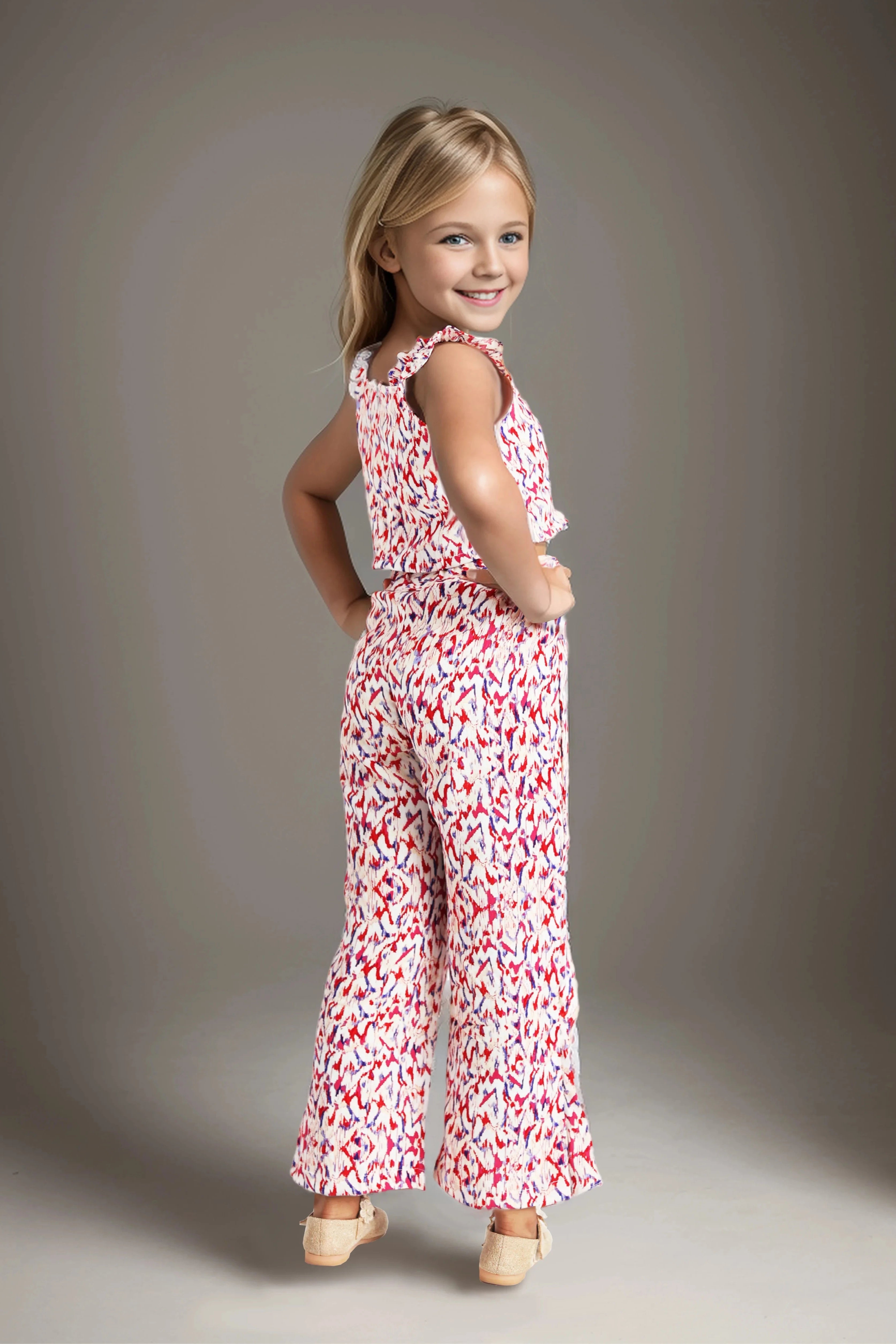 Back side view of a Girls Palazzo Wrap Pants with Top.