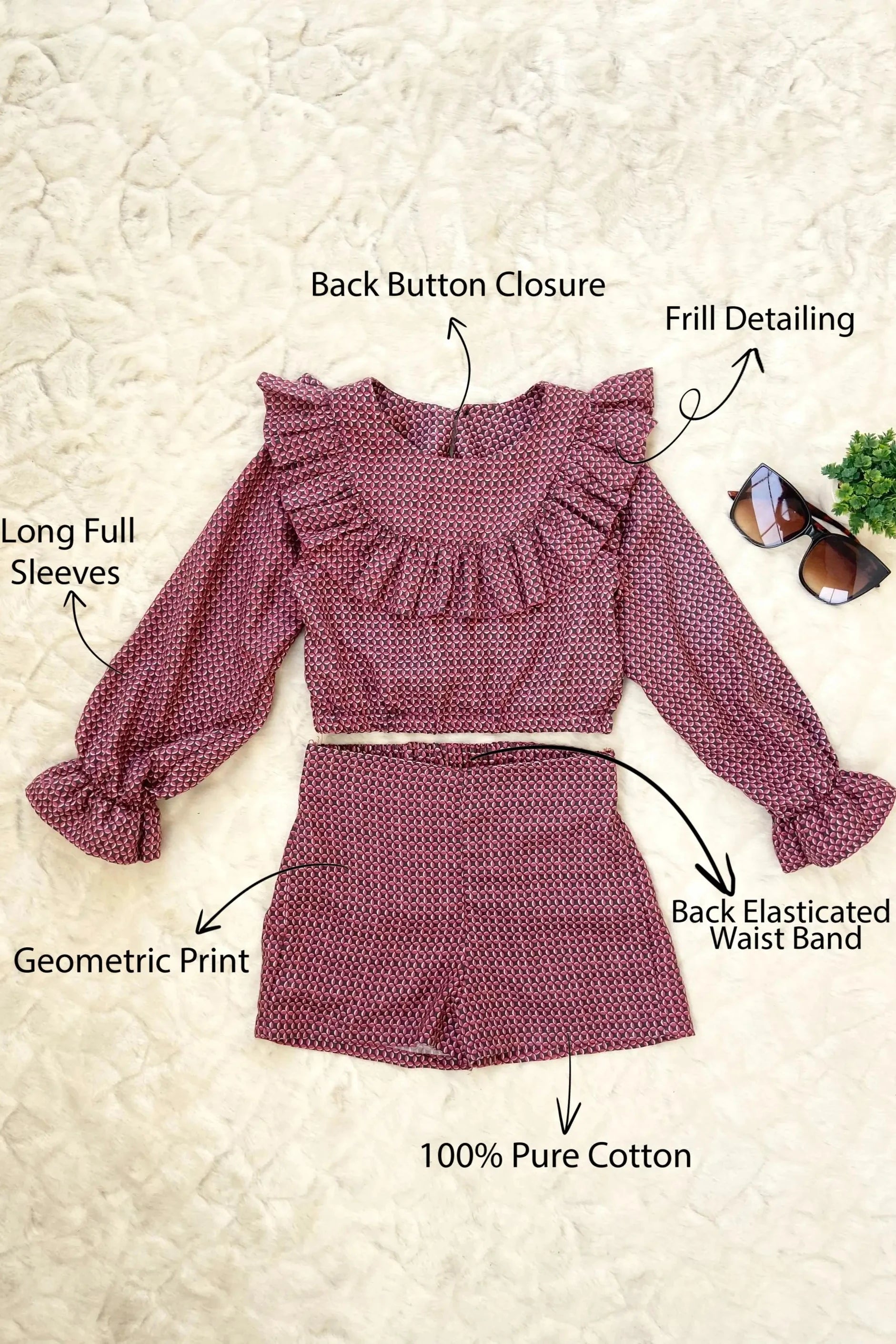 Flat view of a Maroon Ruffle Top and Shorts Set for Girls.