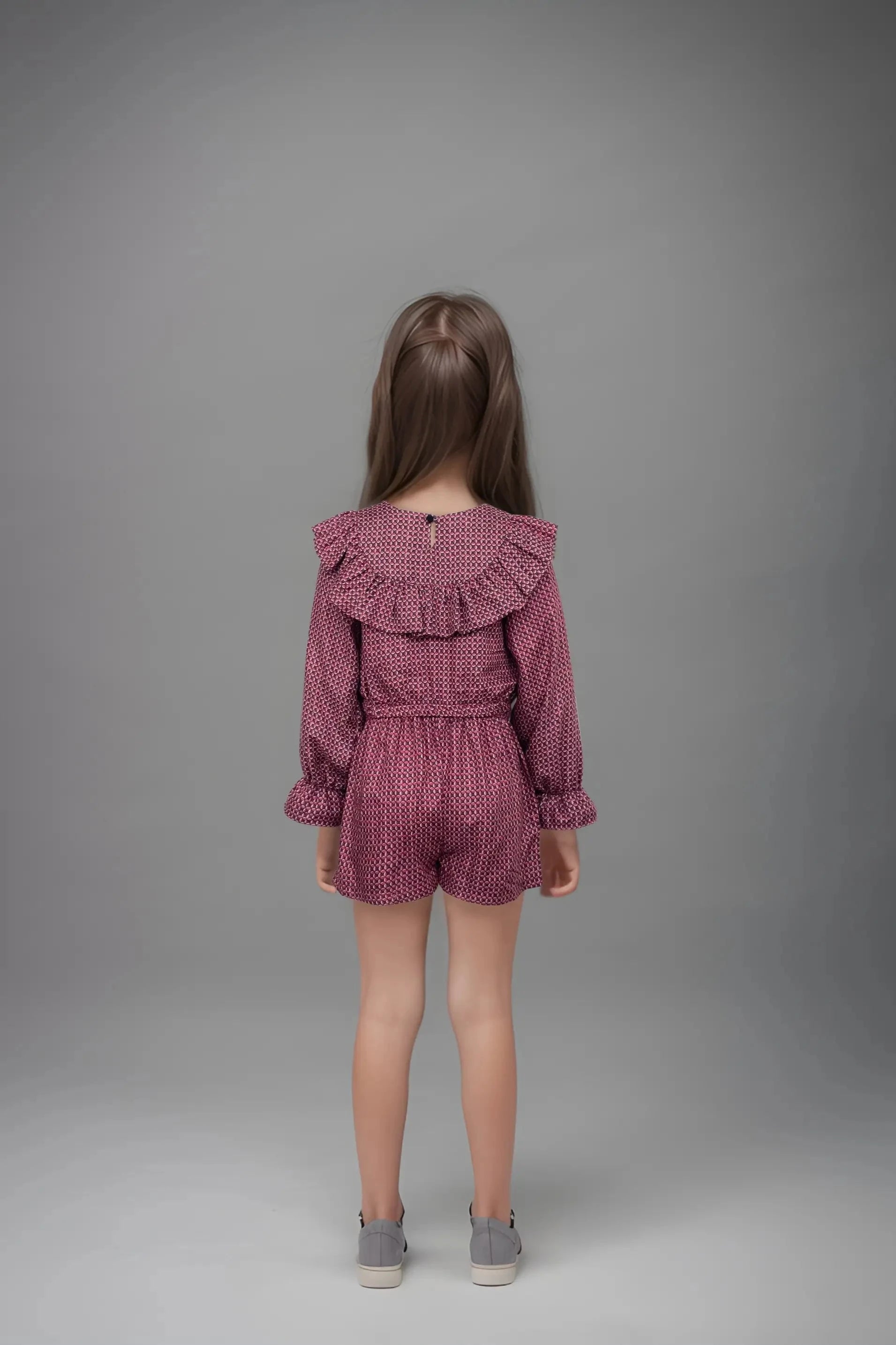 Full back view of a Maroon Ruffle Top and Shorts Set for Girls.