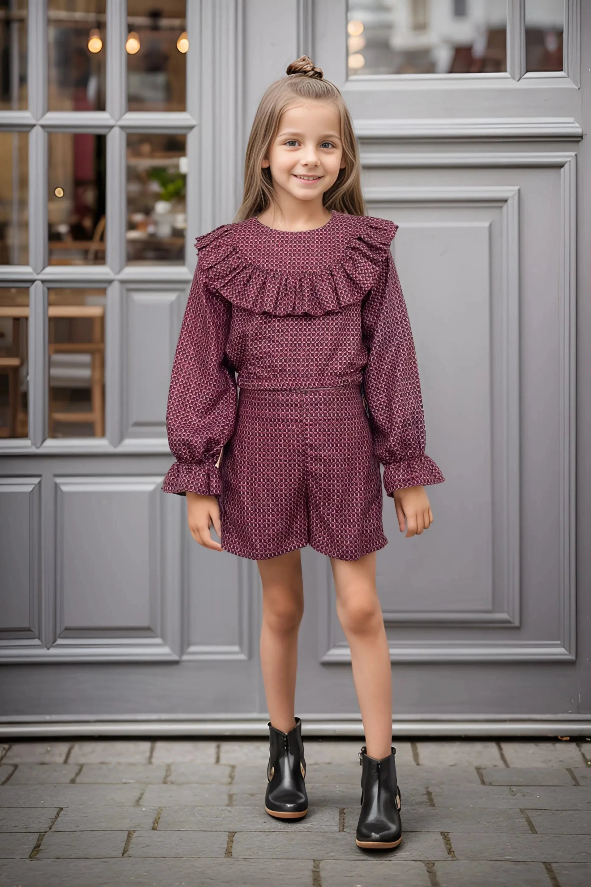 Full front view of a Maroon Ruffle Top and Shorts Set for Girls.