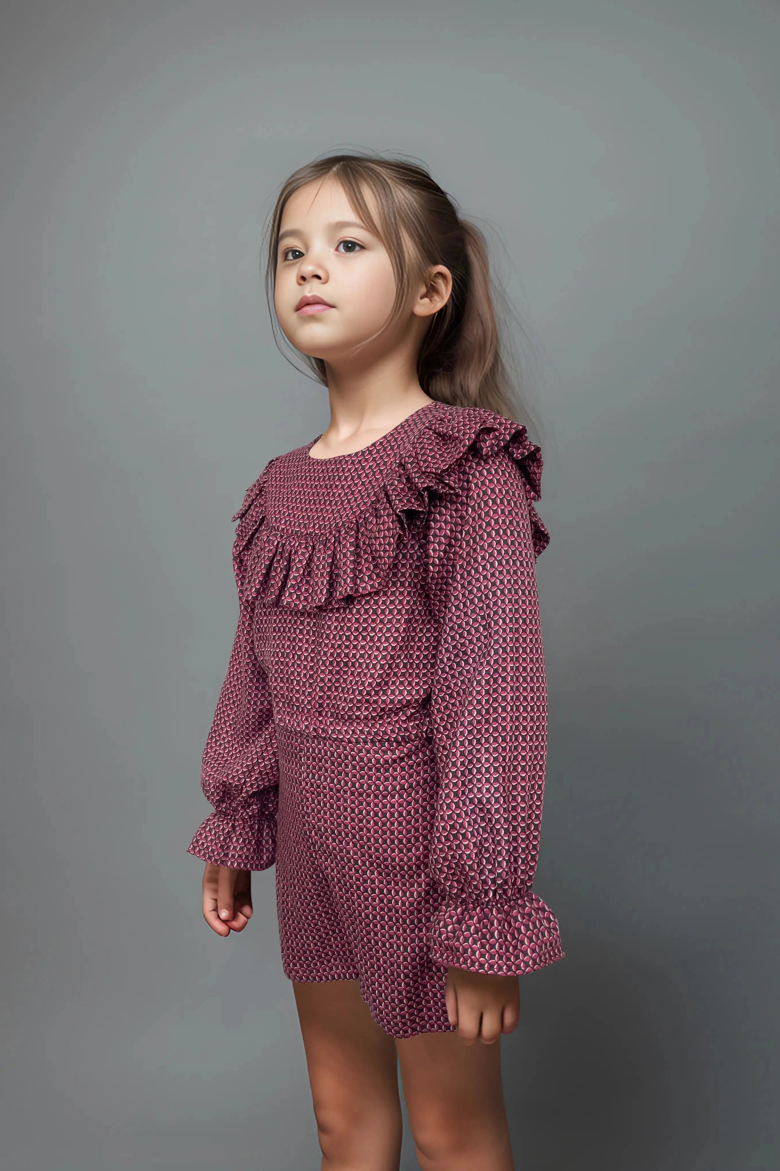 Front side view of a Maroon Ruffle Top and Shorts Set for Girls.