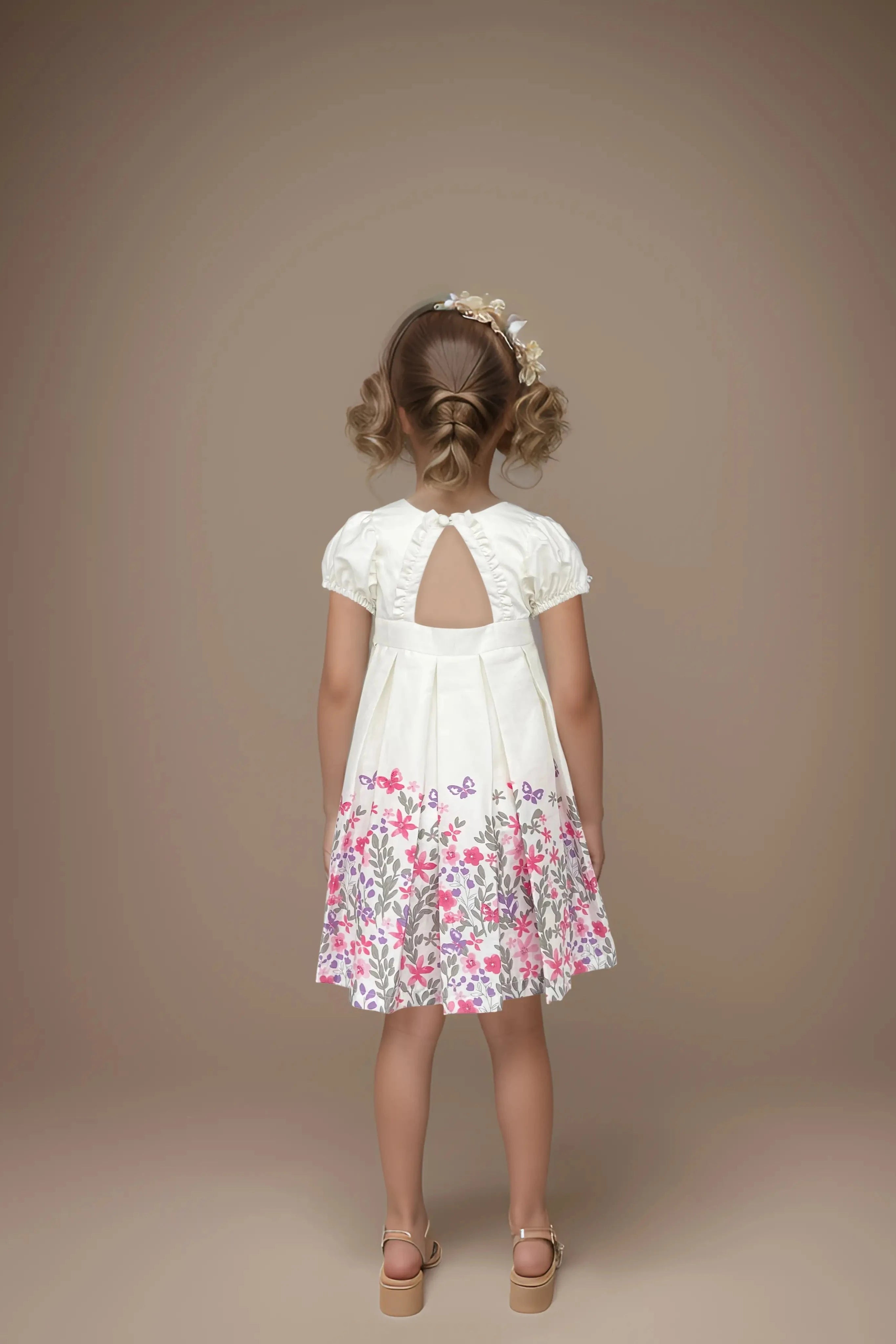 Full back view of a White Satin Floral Dress for Girls.