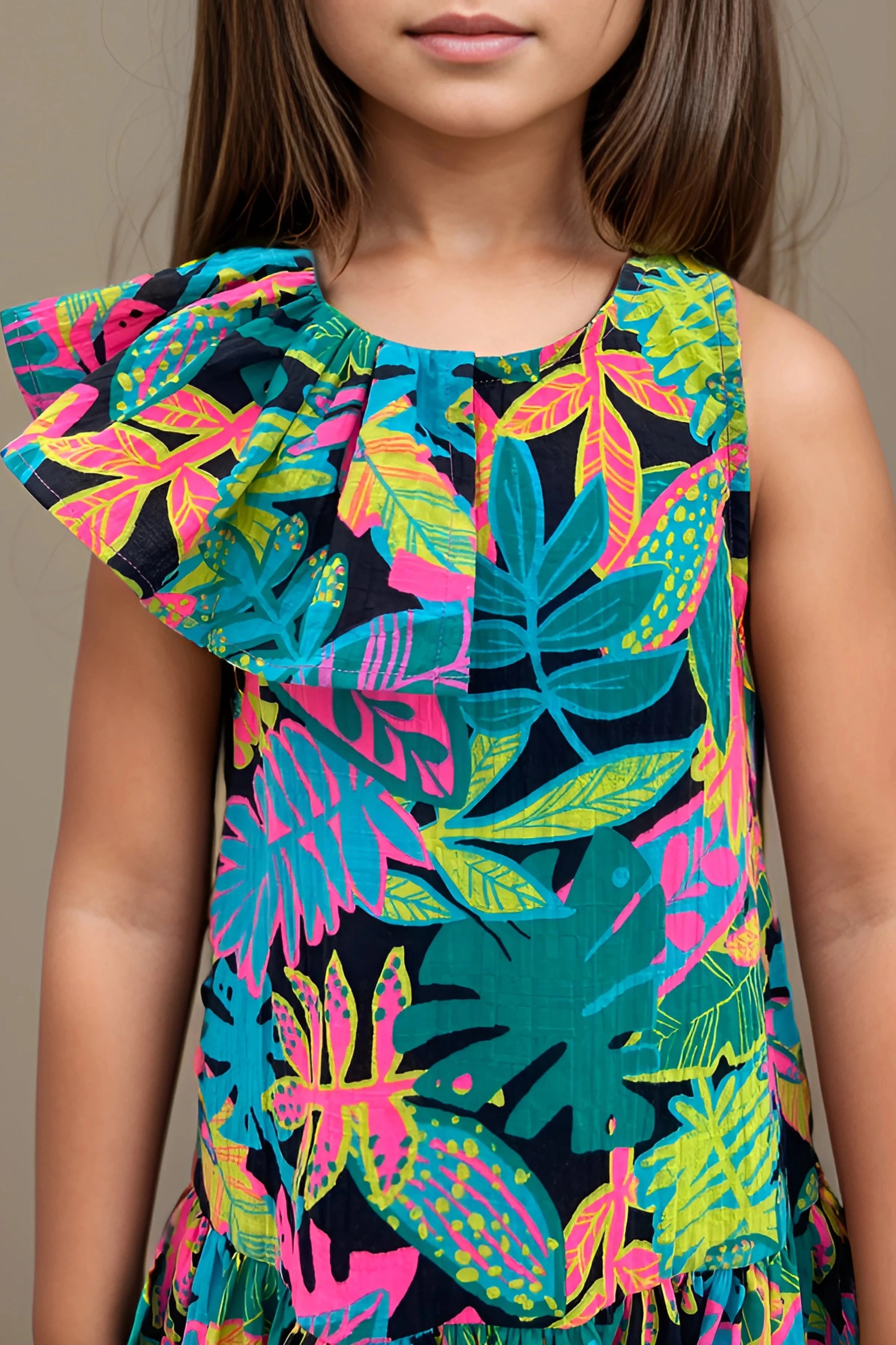 Front close up of a Stylish Girls' Tropical Print Cotton Dress.