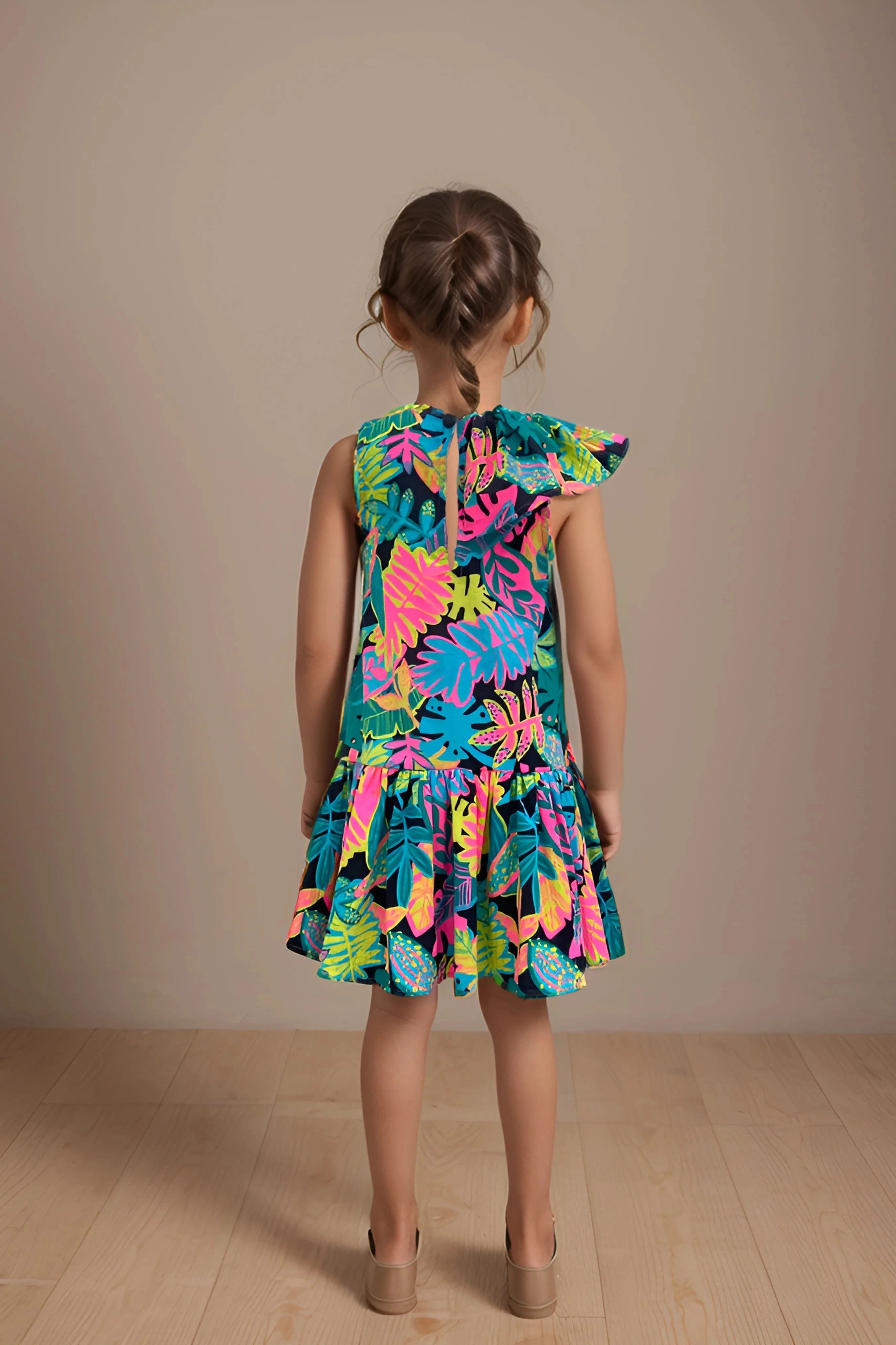 Full back of a Stylish Girls' Tropical Print Cotton Dress.