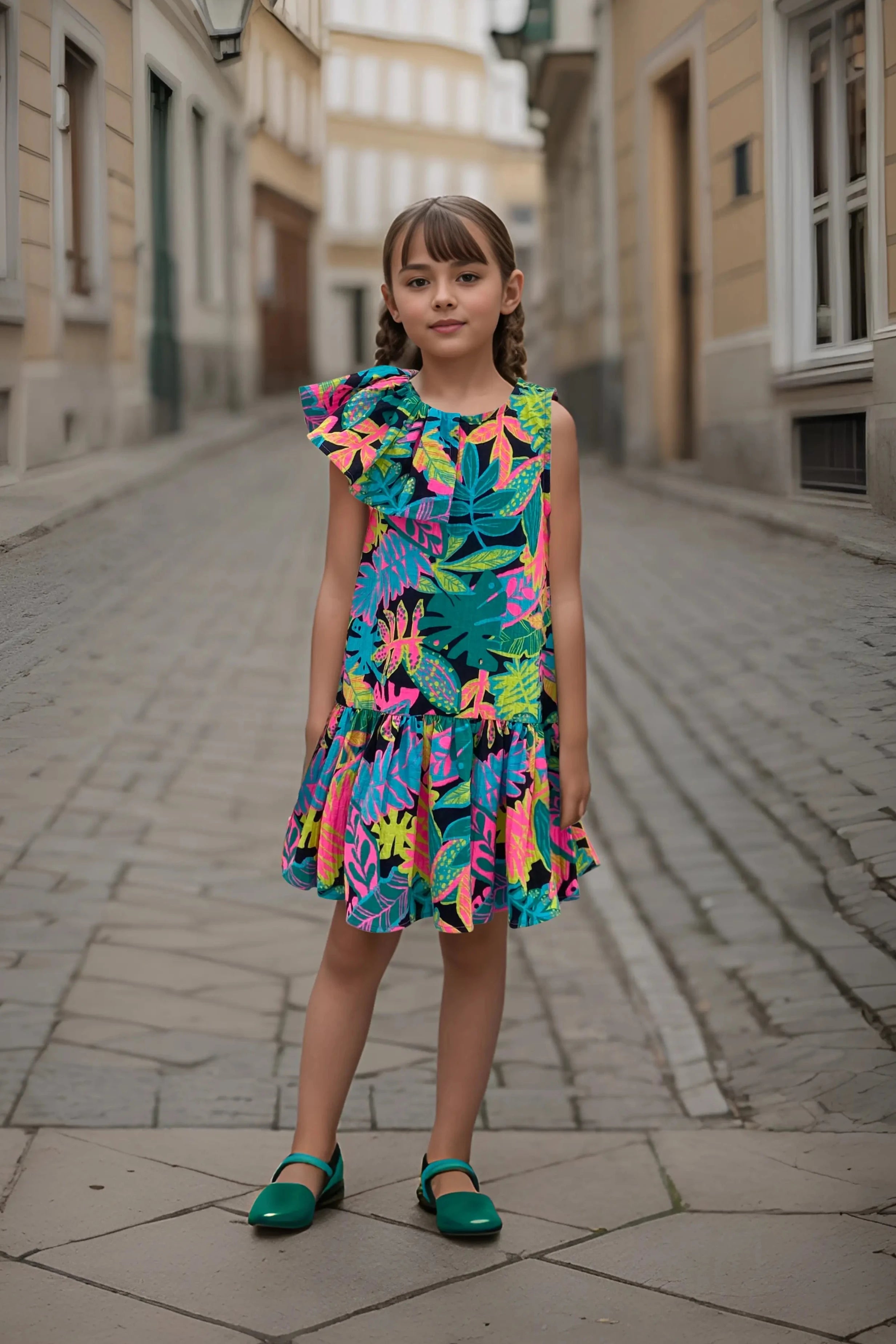 Full front of a Stylish Girls' Tropical Print Cotton Dress.