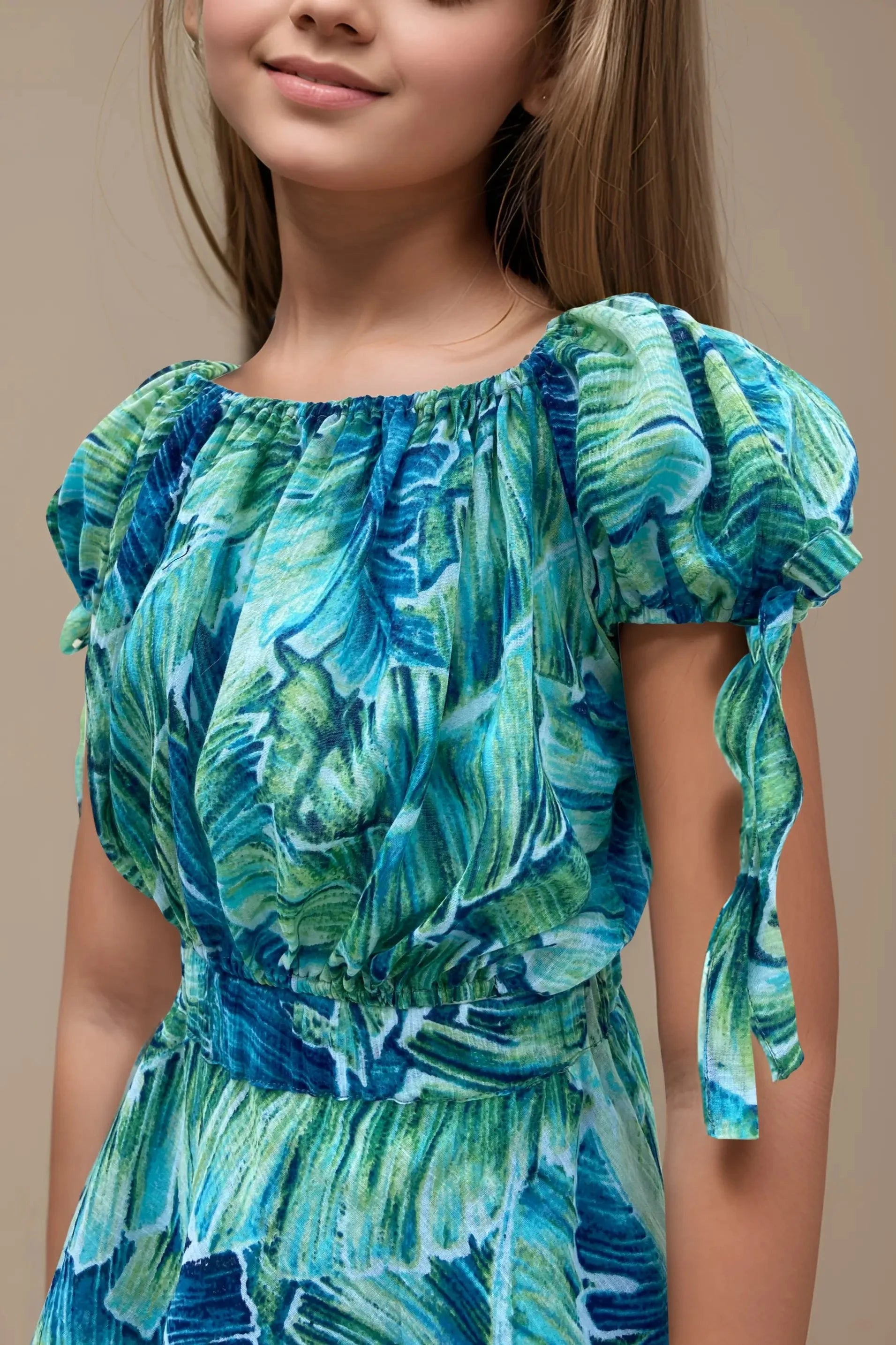 Front side view of a Girls' Tropical Print Co-Ord Set.