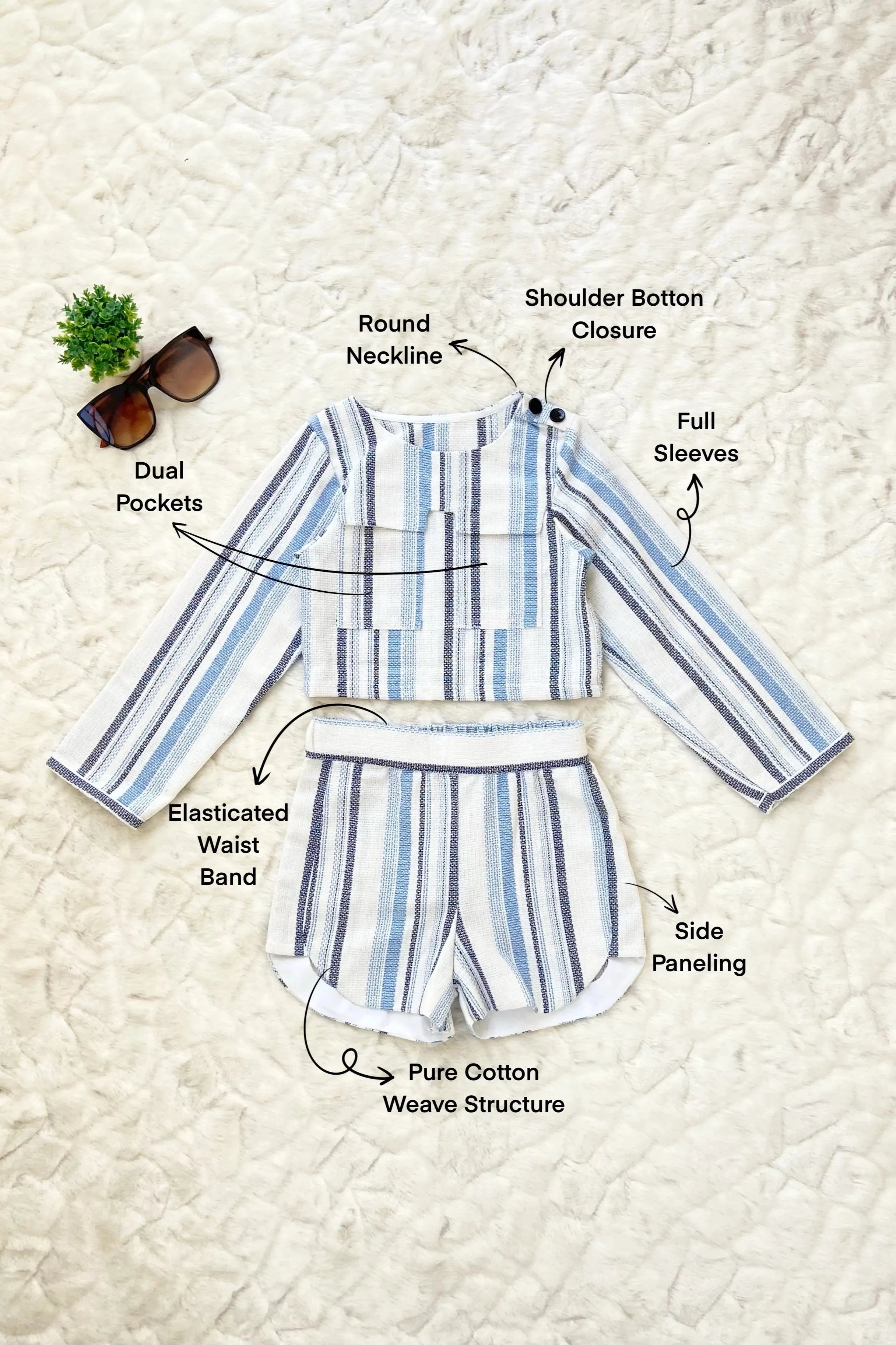 Flat image of a White Weaved Striped Co-ord Set for Girls.