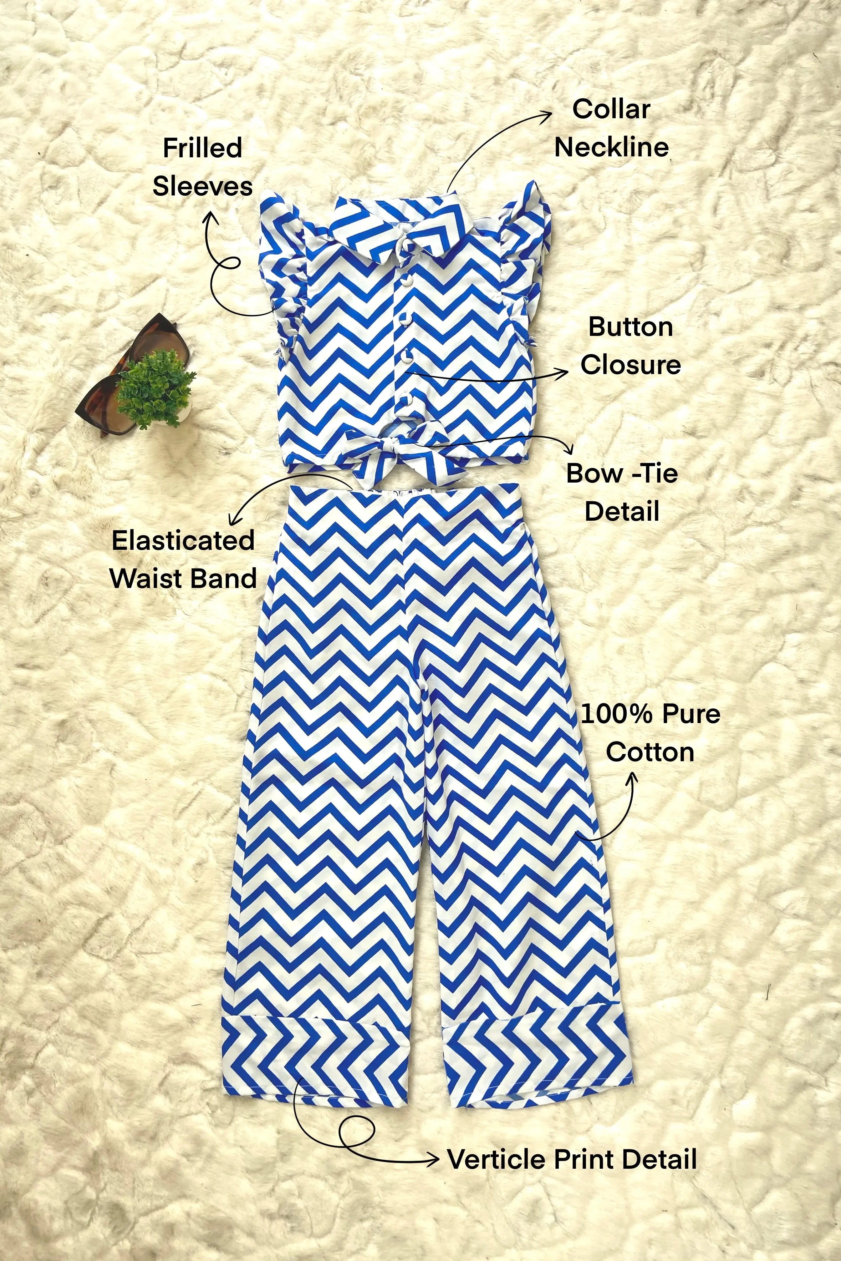 Flat view of a White & Blue Striped Co-Ord Set for Girls.