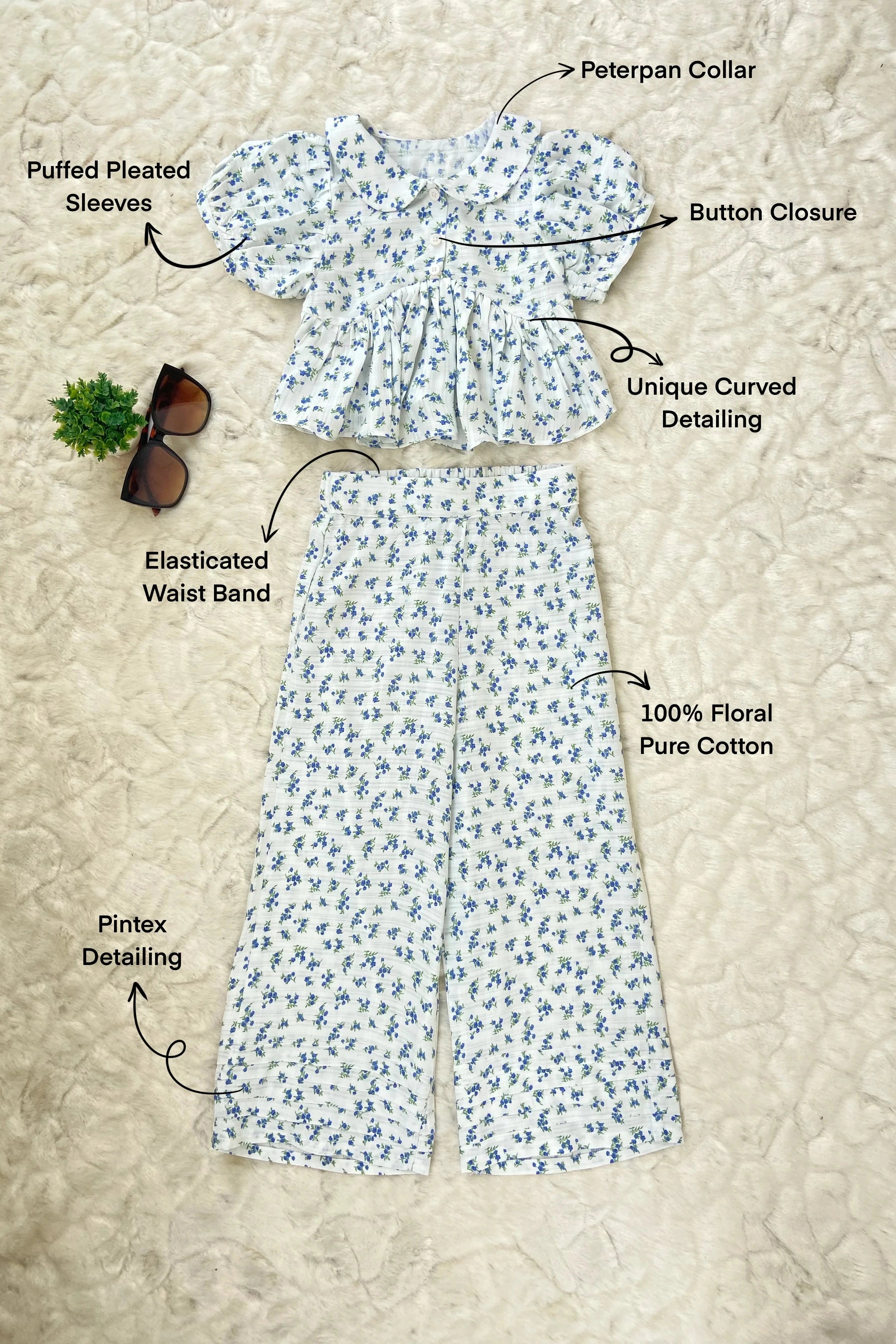 White Floral Cotton Clothing Set Flat Feature