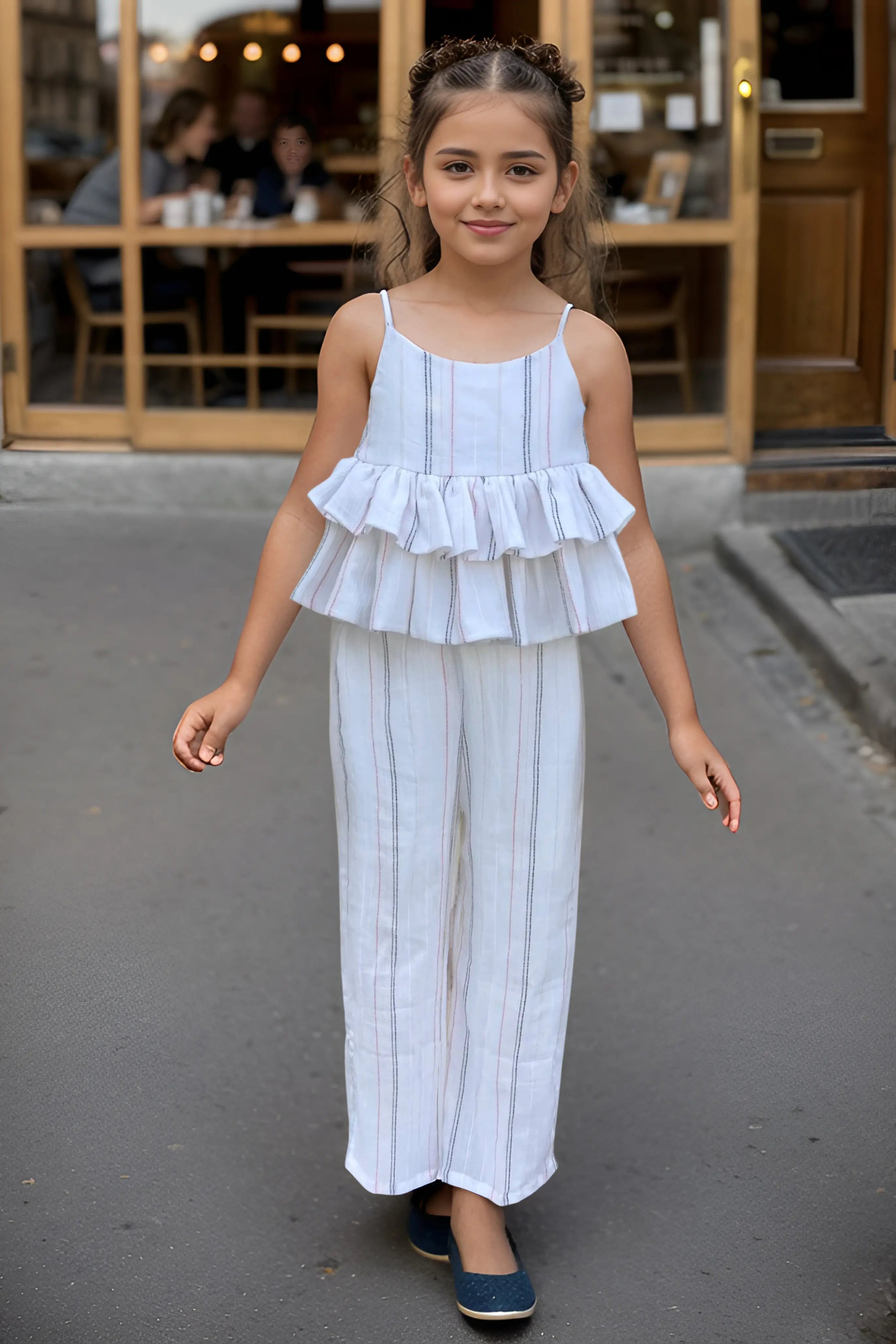 white multi line Co ord Sets for Girls Front Full